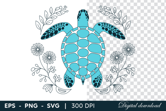 Blue Sea Turtle with Floral Decorative: A Fresh Creative Asset